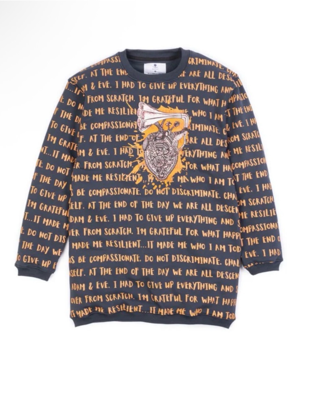 SACER Heart Sweater Gray Graphic Crewneck Sweater with Yellow Print